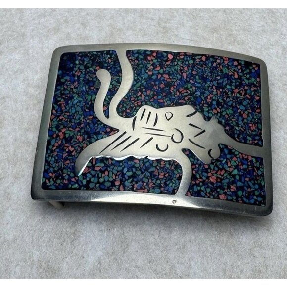 Vintage TAXCO Sterling Silver Inlay Belt Buckle Mosaic Aztec Mayan Design - Picture 6 of 6